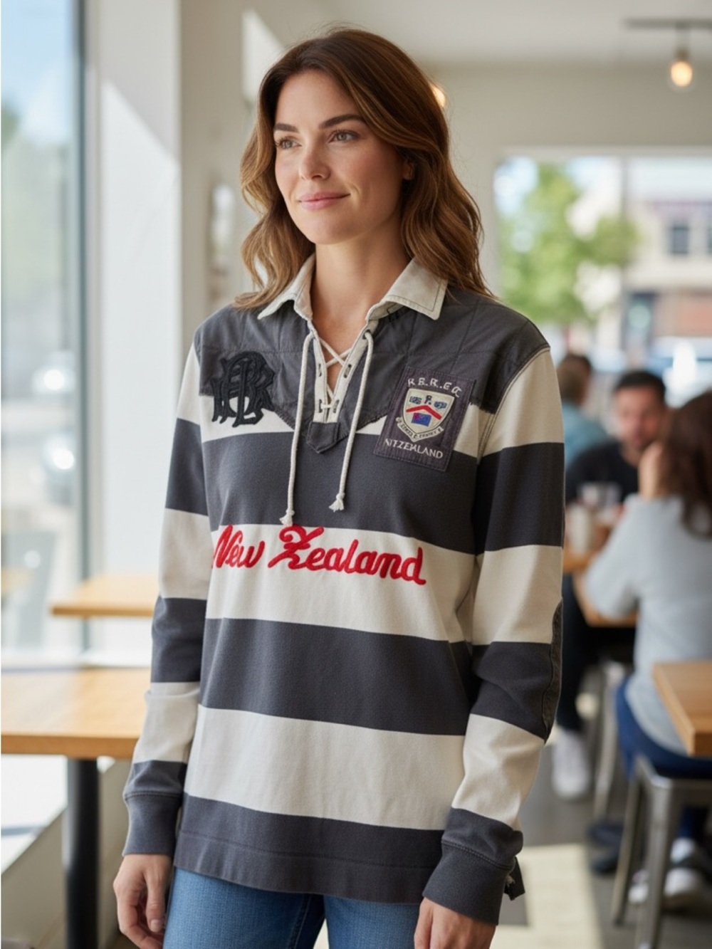 Ralph Lauren Gray and White Striped Rugby Polo New Zealand